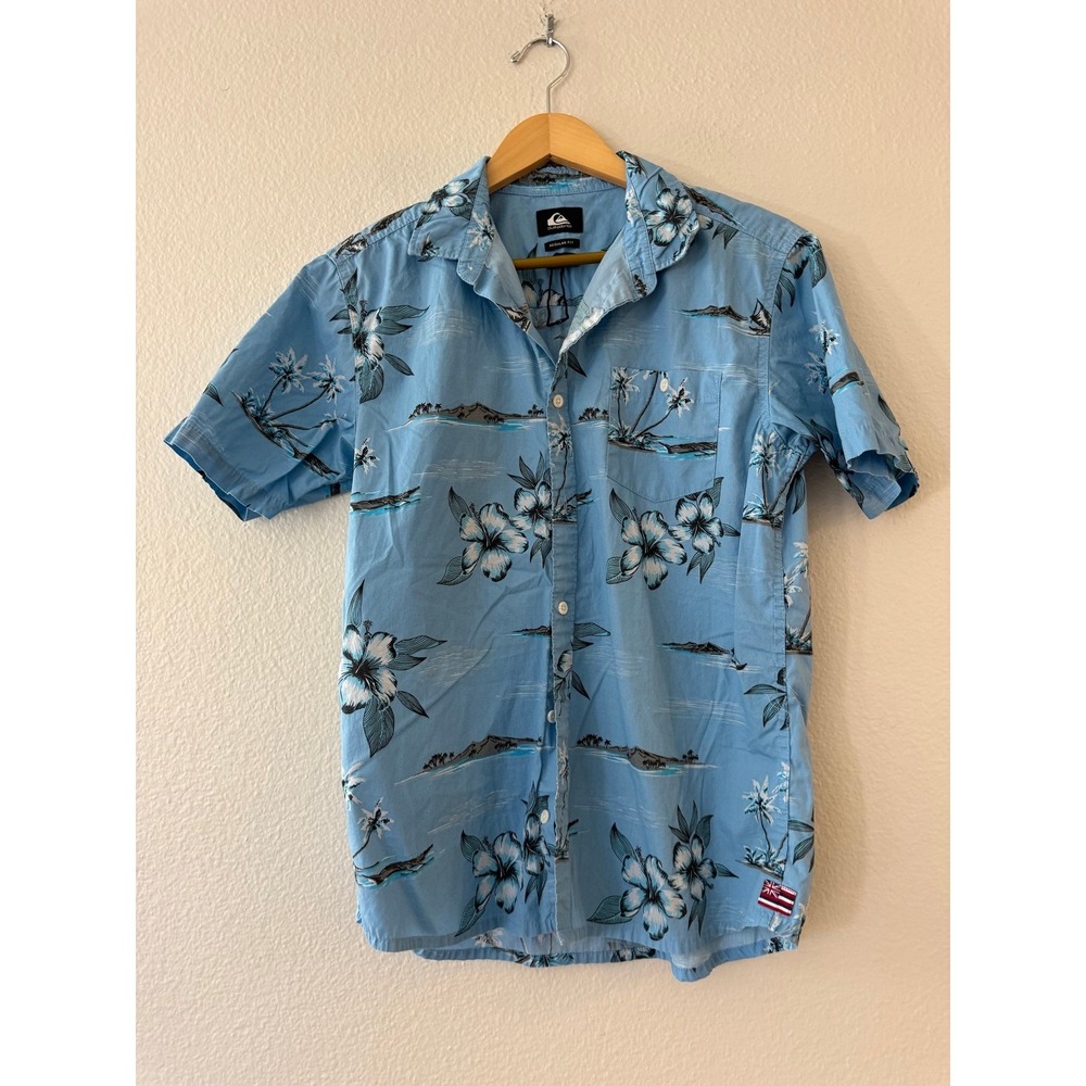 Quiksilver Hawaiian Shirt Tropical Hibiscus Palm Tree XL Blue Cotton Excellent‎
